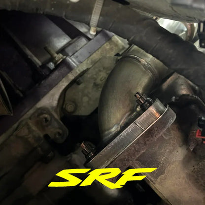 L5P Duramax engine showing new stainless up pipe and SRF S220 up pipe studs mounted