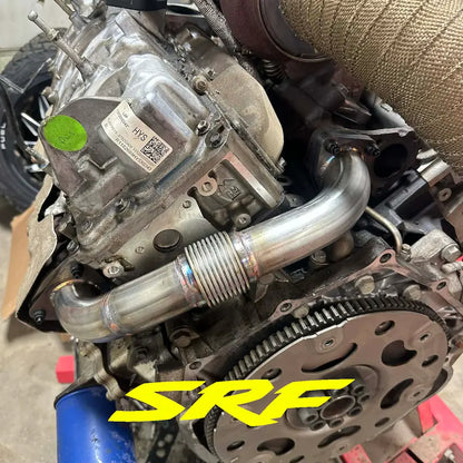L5P Duramax exhaust up pipe with SRF S220 12-point studs installed on engine