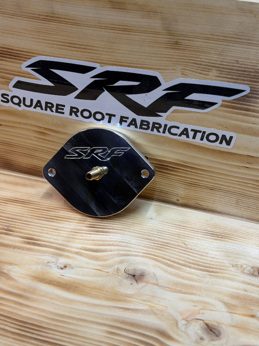 Square Root Fabrication billet aluminum L5P/L5D Duramax boost leak tester plate with integrated brass air fitting.